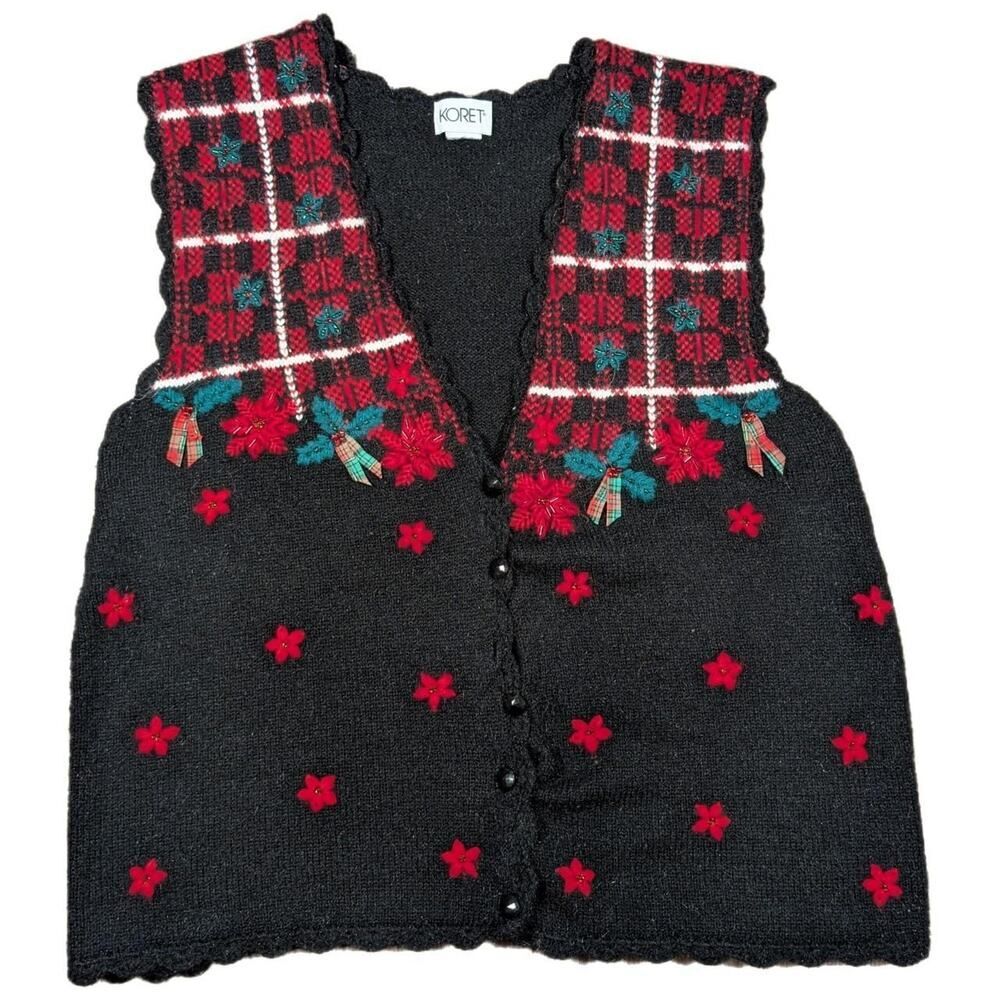 VINTAGE KORET POINSETTIA KNIT CHRISTMAS VEST